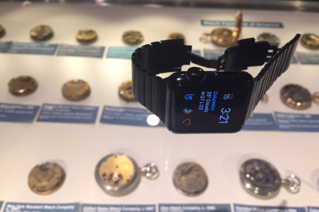 Apple Watch on top of pocket watch display at the National Watch And Clock Museum.