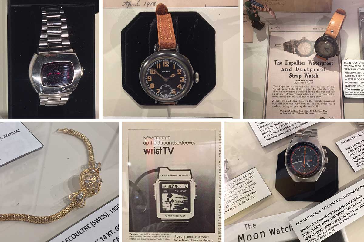 Collage of 5 watches and a paper advertisement
