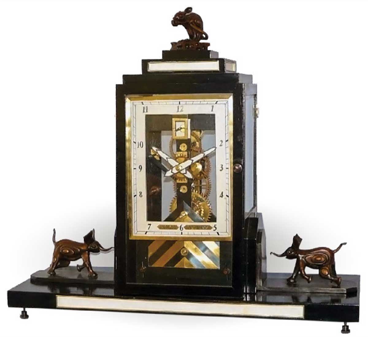 Lacquered art deco shelf clock with bronzed figures of two elephants on either side and a mouse sitting on top