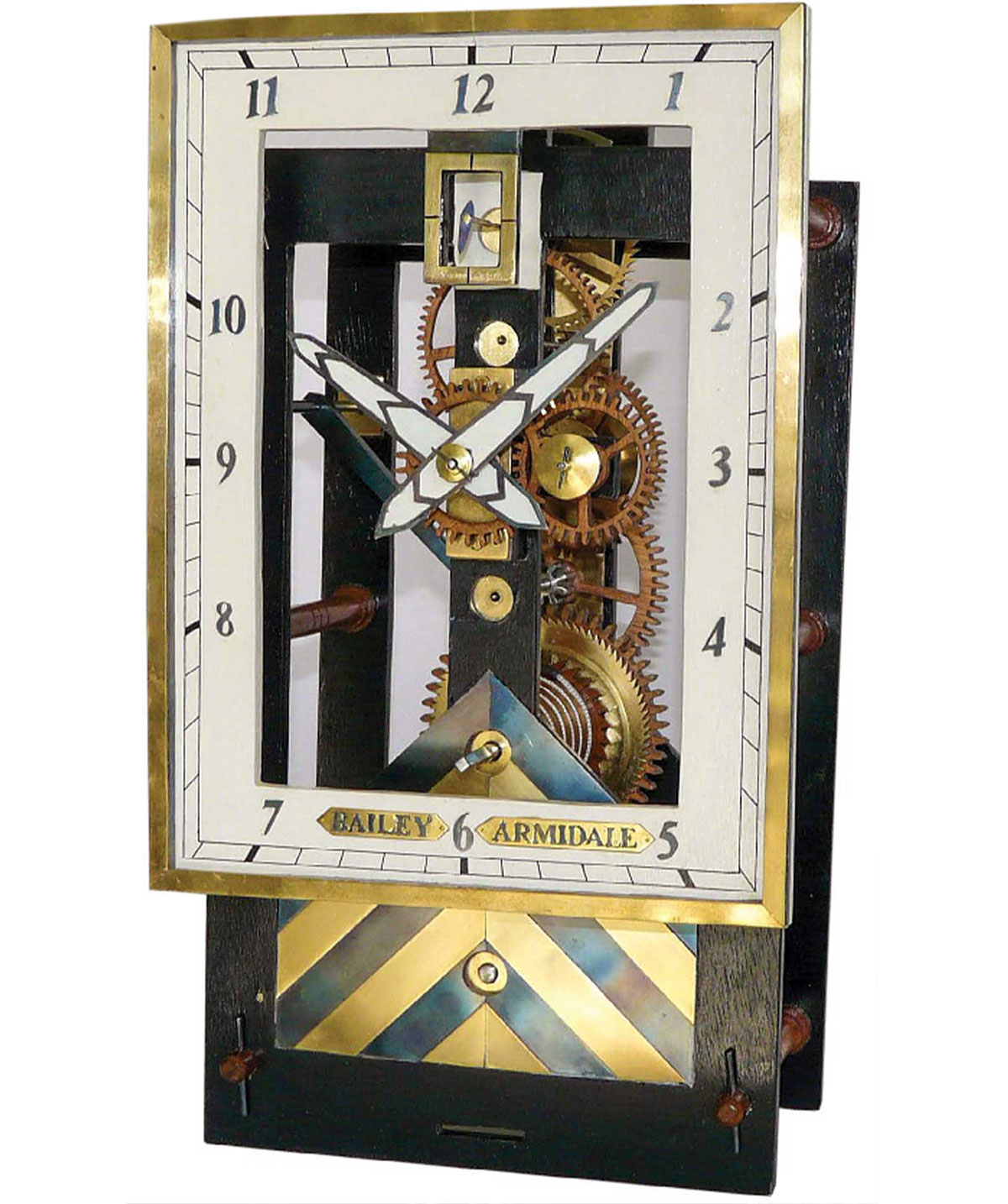 View of the dial, hands, seconds dial, and the chevron decoration of brass and blued steel on the front plate