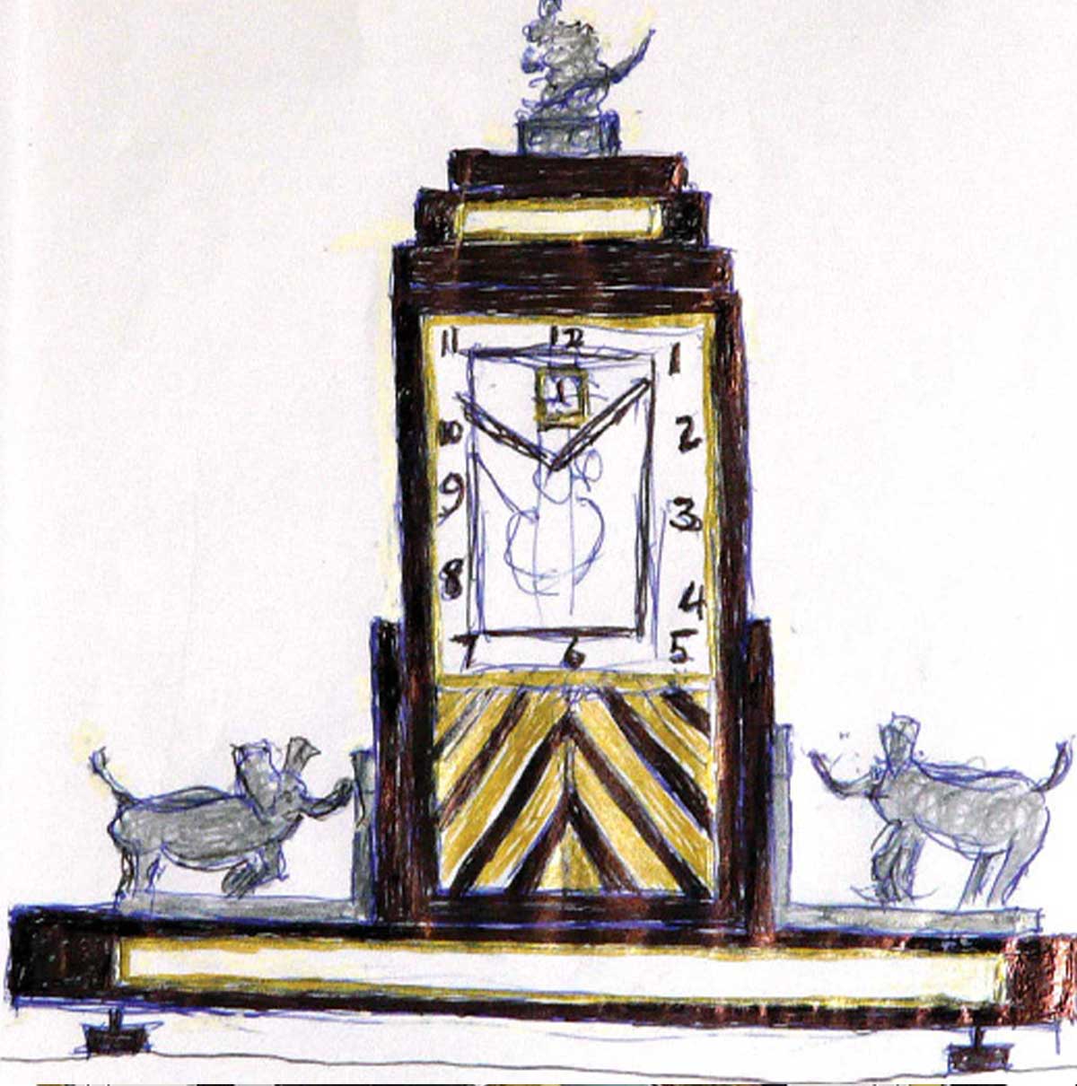 Hand-drawn color illustration of the finished version of the clock