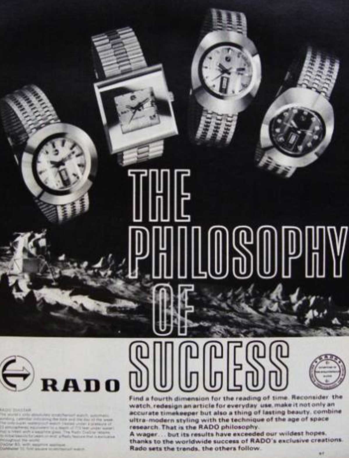 black and white space-themeed vintage Rado advertisement