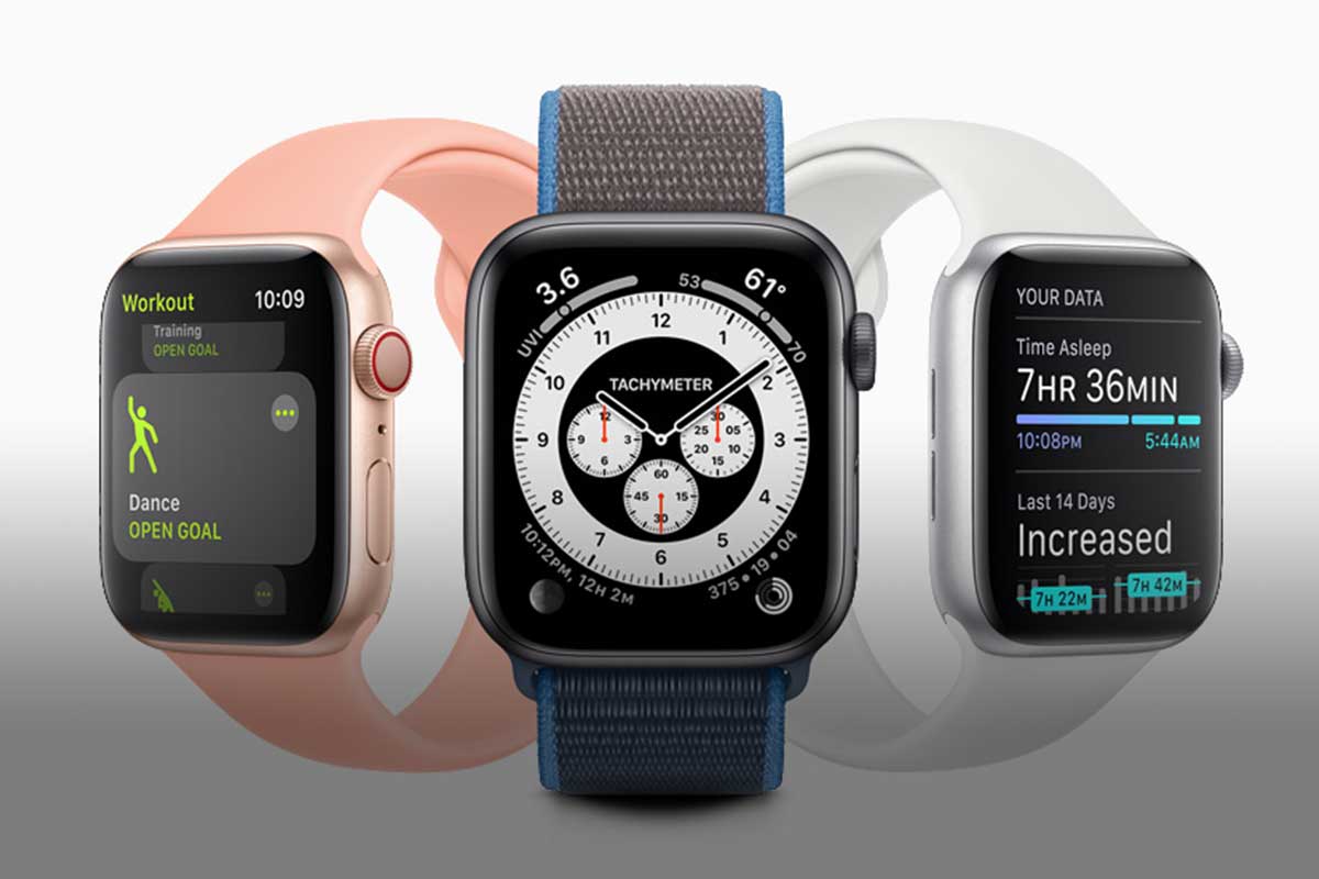 The Dance workout, the Chronograph Pro watch face, and sleep tracking are each displayed on separate Apple Watch Series 5