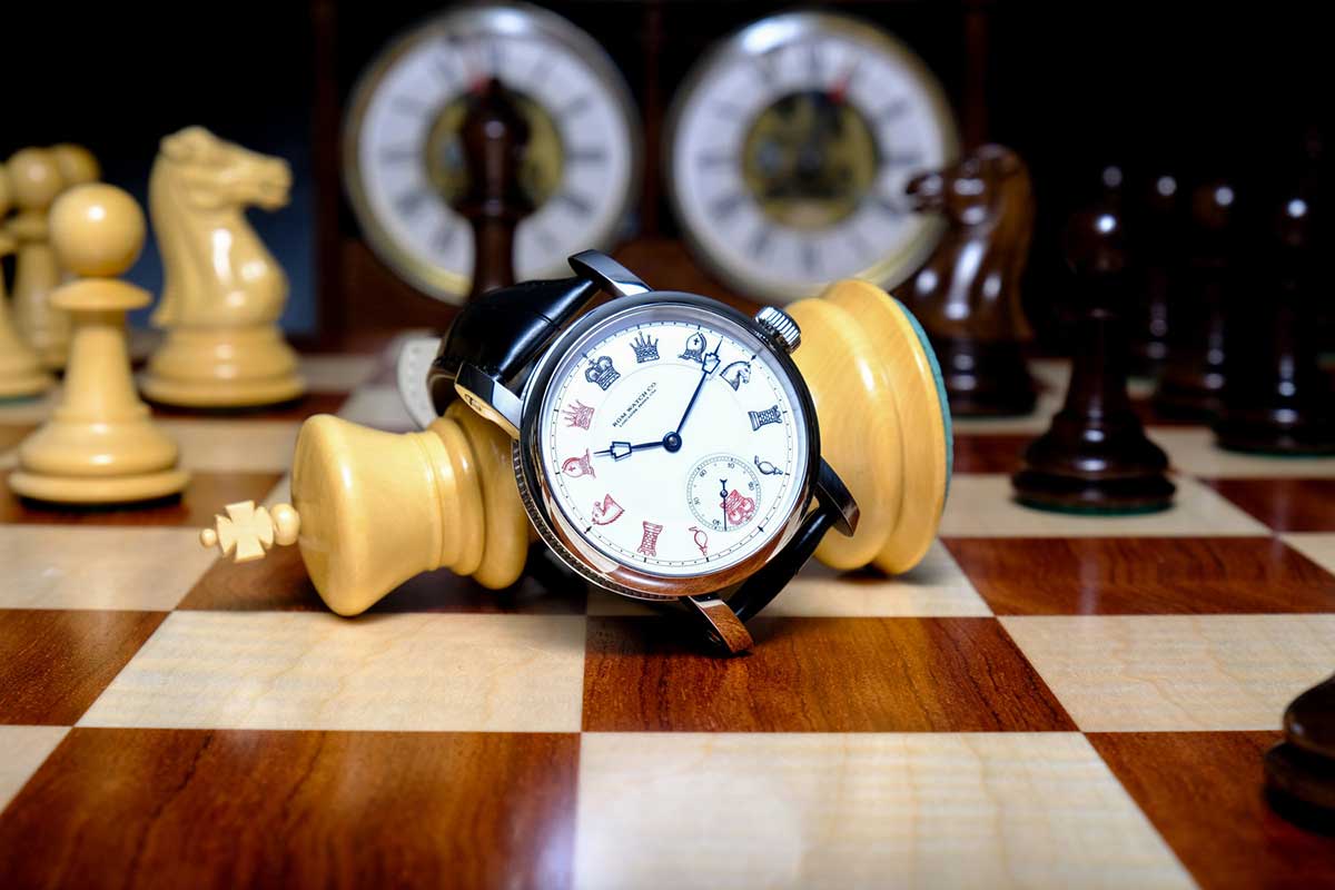 RGM's PS-801-CH wristwatch with a House of Staunton chessboard and chess pieces