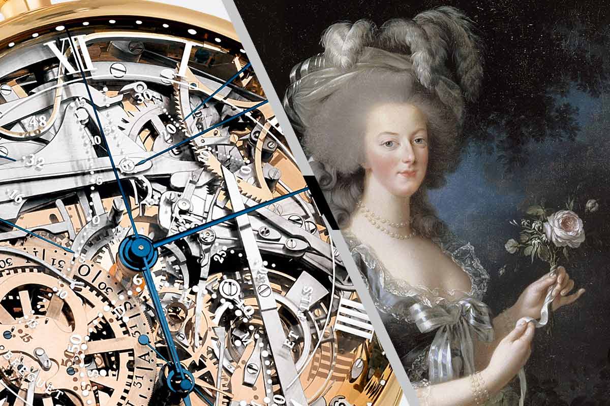 A split image of a portrait of Queen Marie-Antoinette and a Breguet watch.