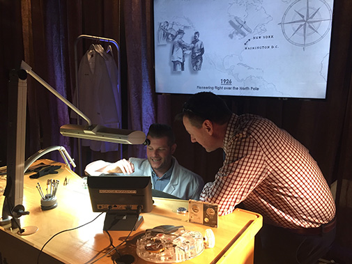 National Watch & Clock Museum Director Noel Poirier conversing with Hamilton watchmaker Jonas Stierli at Stierli’s workbench